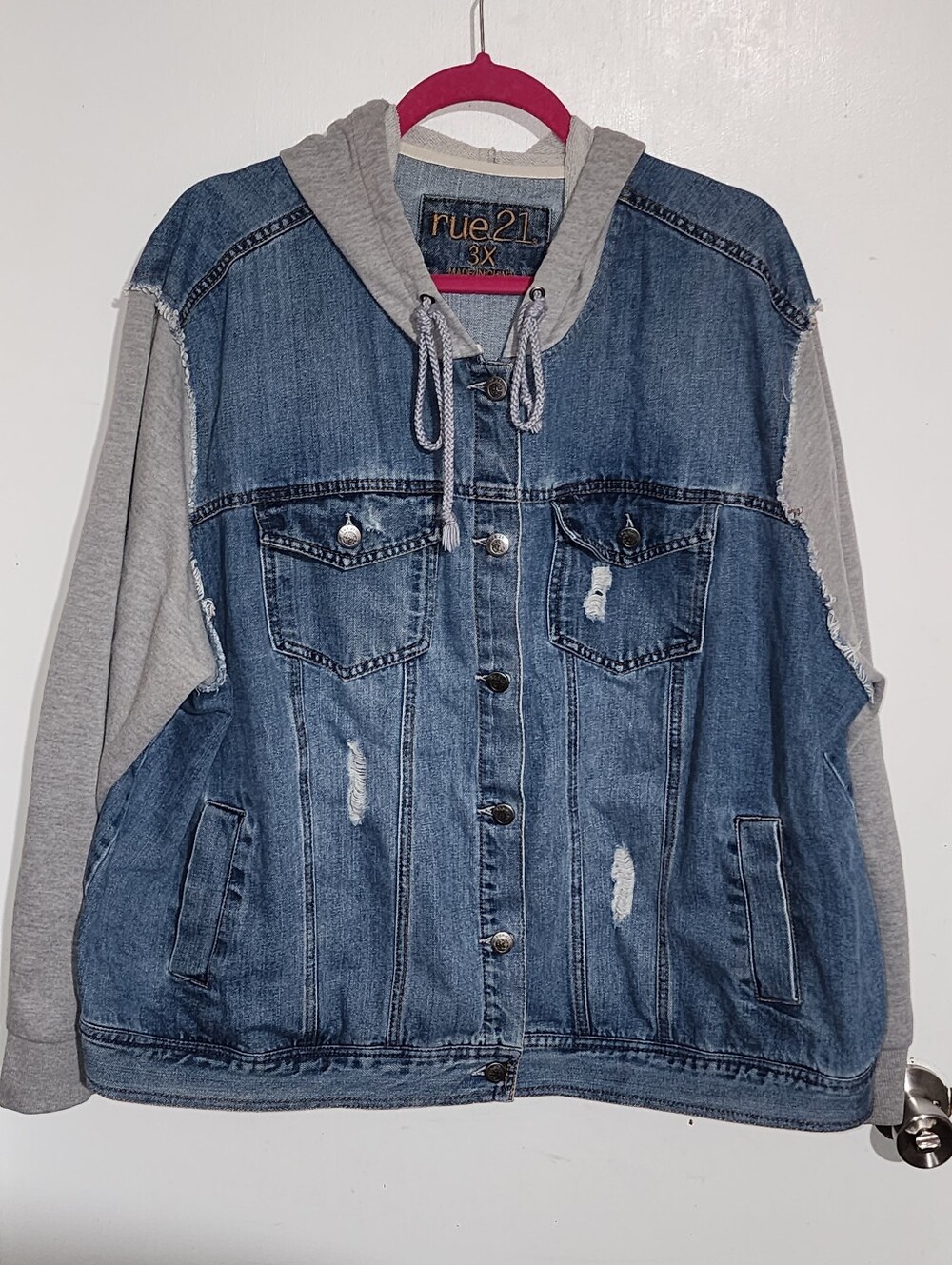 Rue21 Blue Denim Distressed Jacket with Gray Sweatshirt Sleeves & Hood